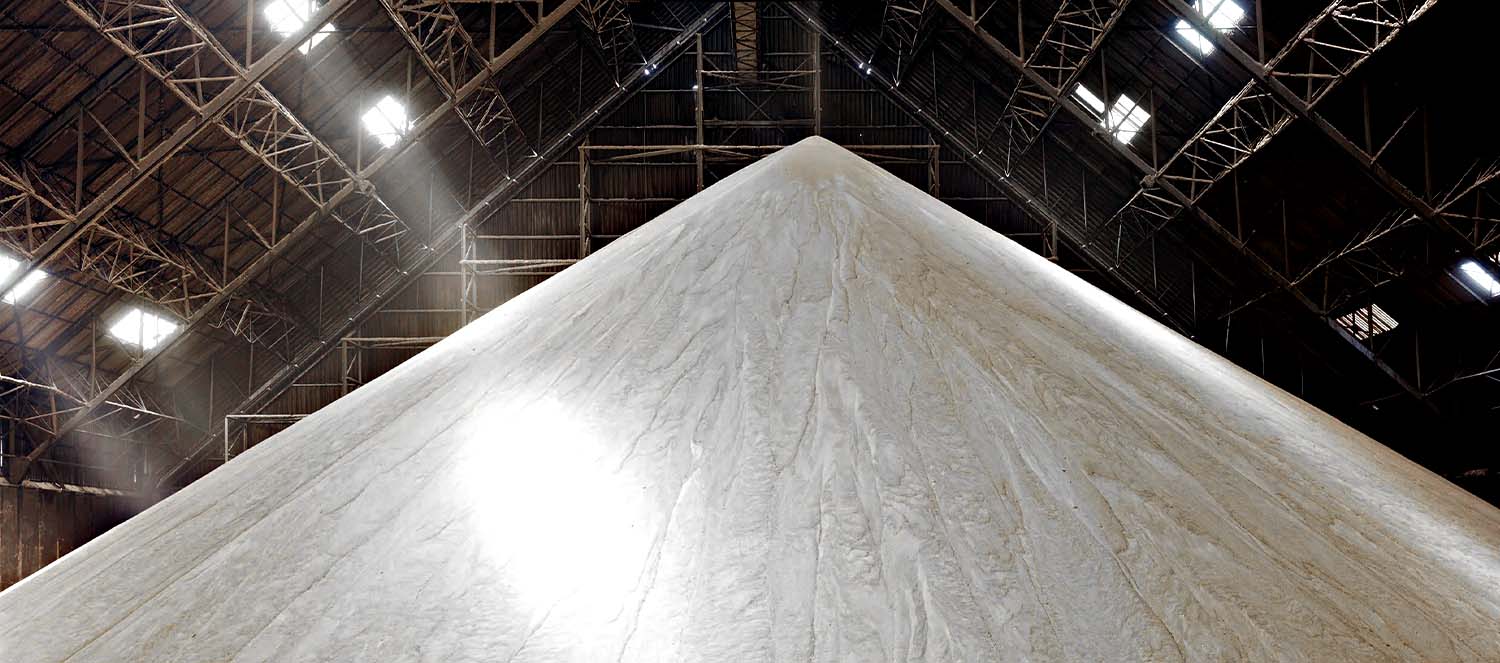 Large pyramid-shaped mound of raw sugar inside a warehouse with beams of light
